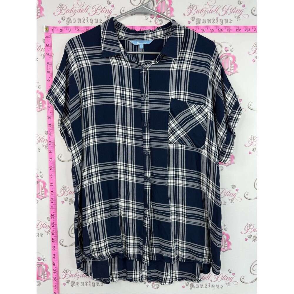 Penmans button up tshirt top Navy & White Plaid Button-Front Blouse